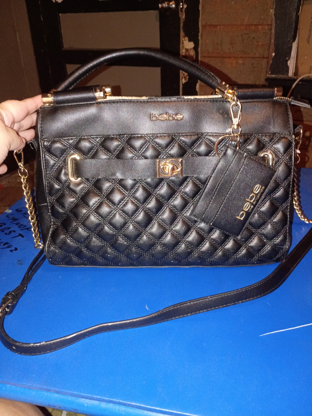 bebe Quilted Black Top-Handle Satchel with Gold Hardware